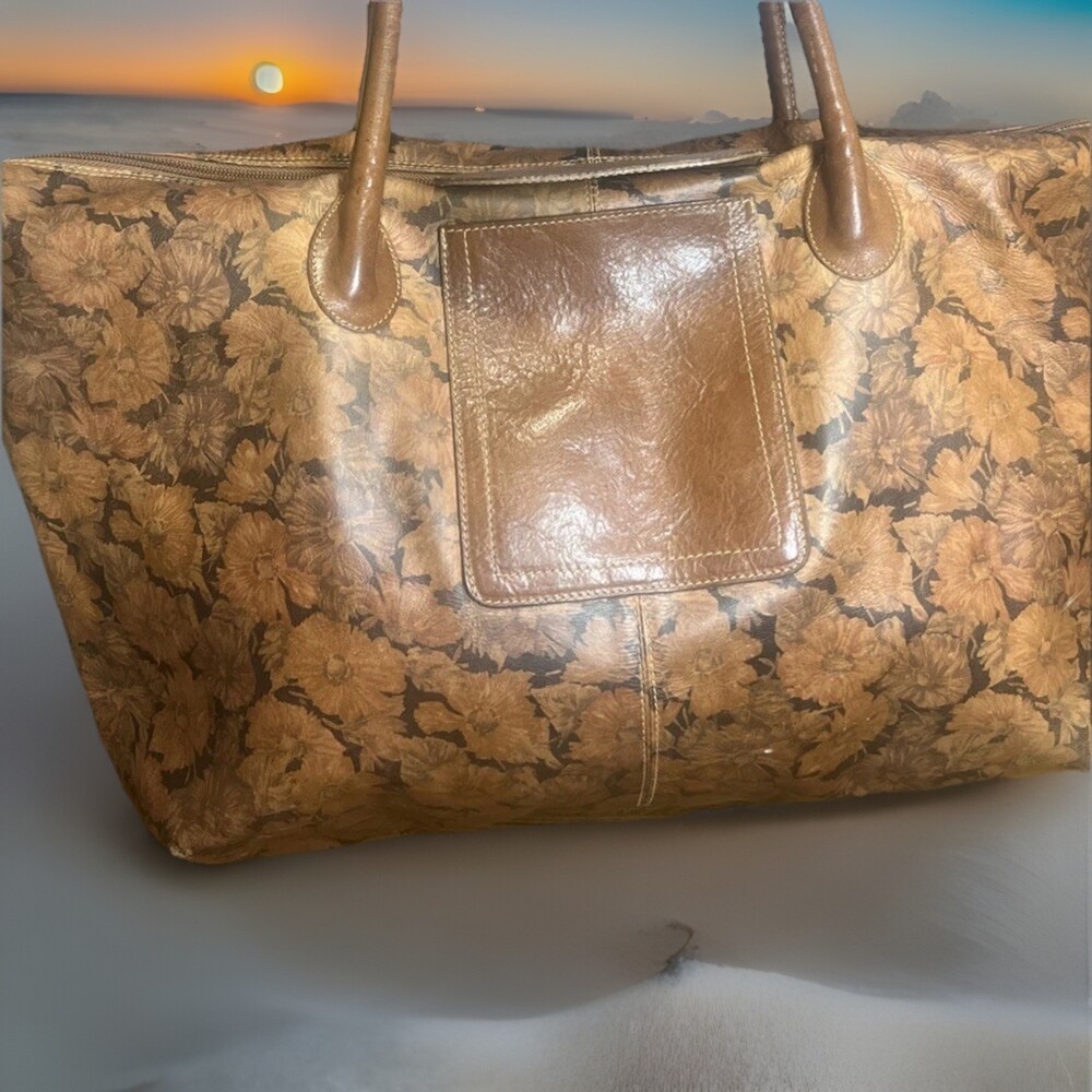 Vintage Furla Made In Italy Brown Patent Leather Tote Floral Weekender Bag